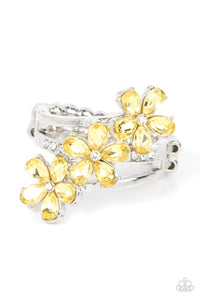dainty back,floral,rhinestones,yellow,Posh Petals Yellow Rhinestone Floral Ring