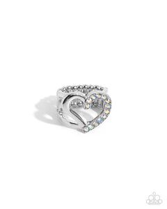 hearts,rhinestones,white,wide back,Abstract Attraction - White Rhinestone Heart Ring