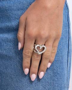 hearts,rhinestones,white,wide back,Abstract Attraction - White Rhinestone Heart Ring