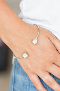 cuff,rhinestones,silver,white,Totally Traditional White Bracelet