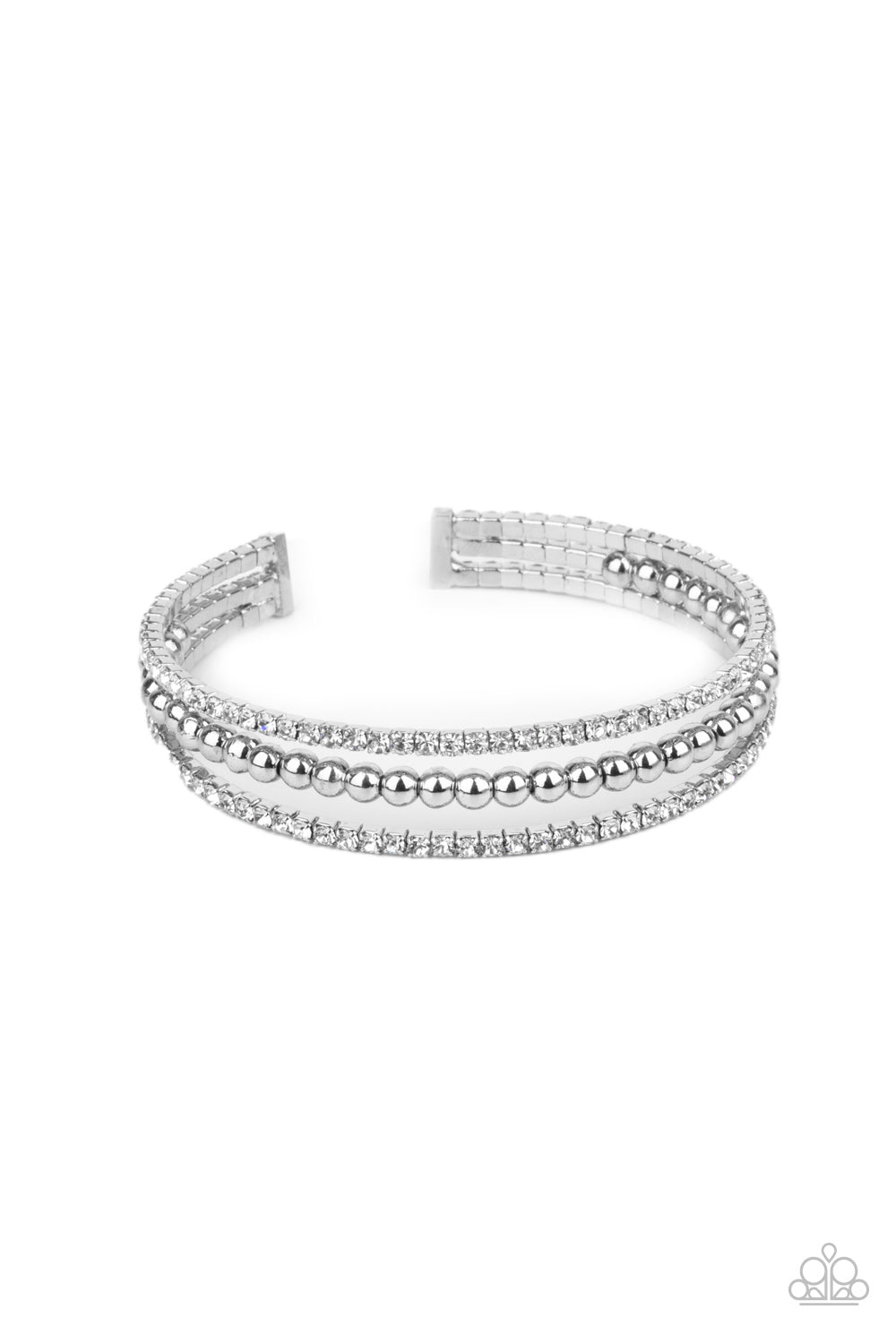 High-End Eye Candy - White Rhinestone Cuff Bracelet Paparazzi Accessories