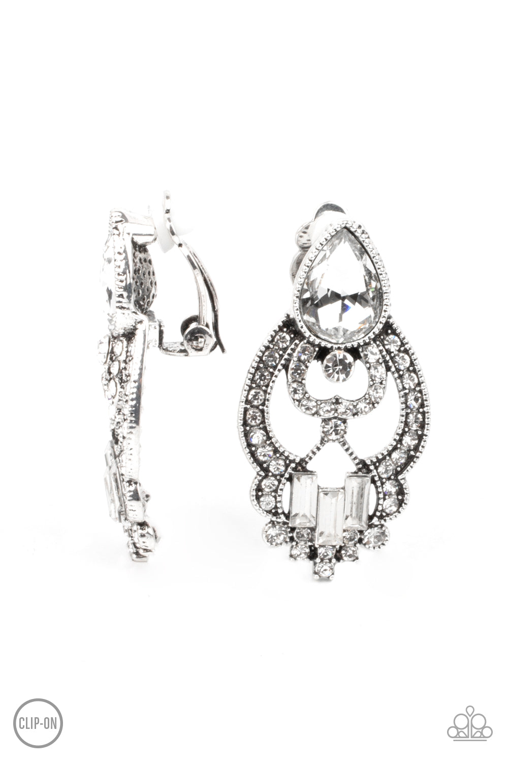 Glamour Gauntlet - White Rhinestone Clip-On Earrings Paparazzi Accessories