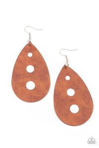 brown,fishhook,leather,Rustic Torrent - Brown Leather Earrings