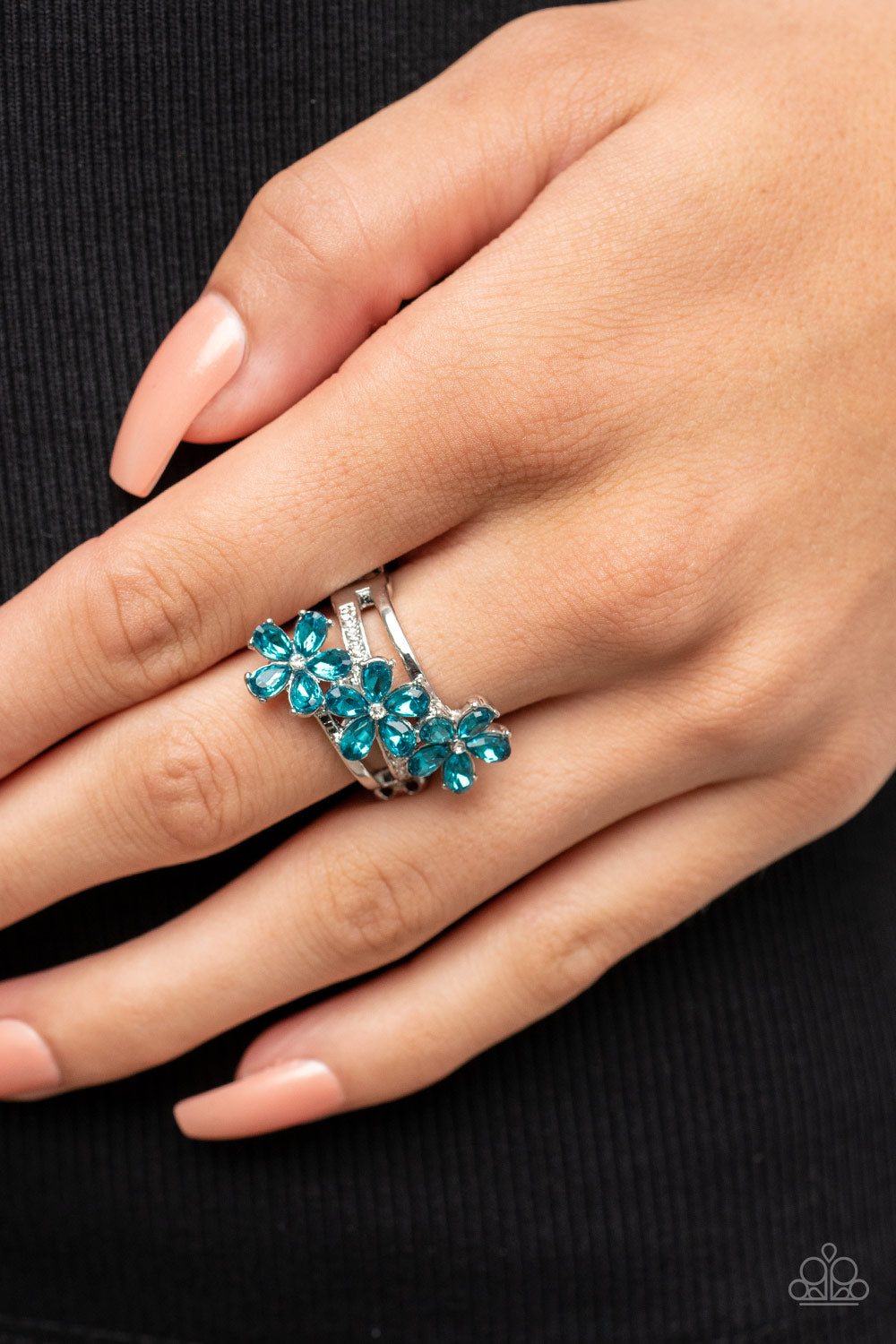 Posh Petals - Blue Rhinestone Floral Ring Paparazzi Accessories