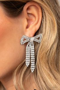 post,rhinestones,white,Just BOW With It - White Rhinestone Post Earrings