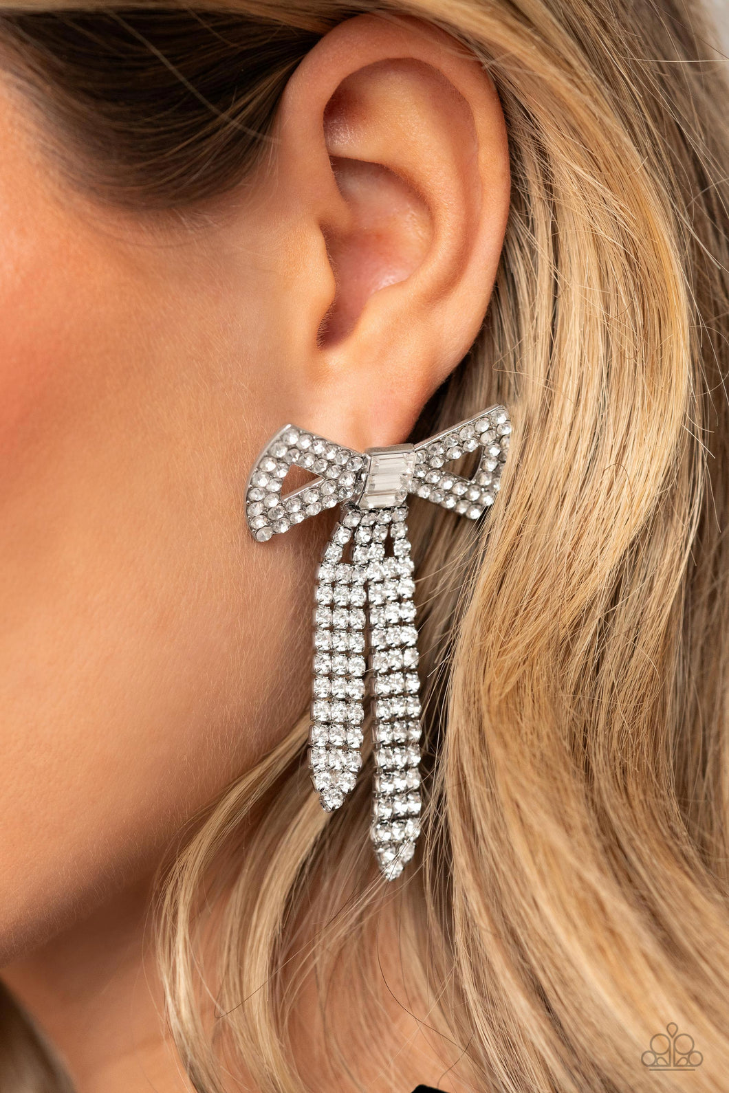 Just BOW With It - White Rhinestone Post Earrings Paparazzi Accessories