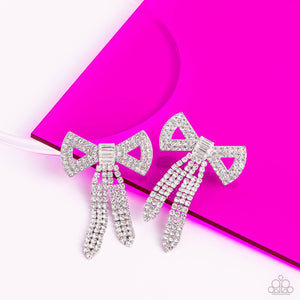 post,rhinestones,white,Just BOW With It - White Rhinestone Post Earrings