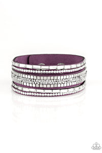 leather,purple,rhinestones,silver,snap,wrap,Rebel In Rhinestones Purple Leather Wrap Bracelet